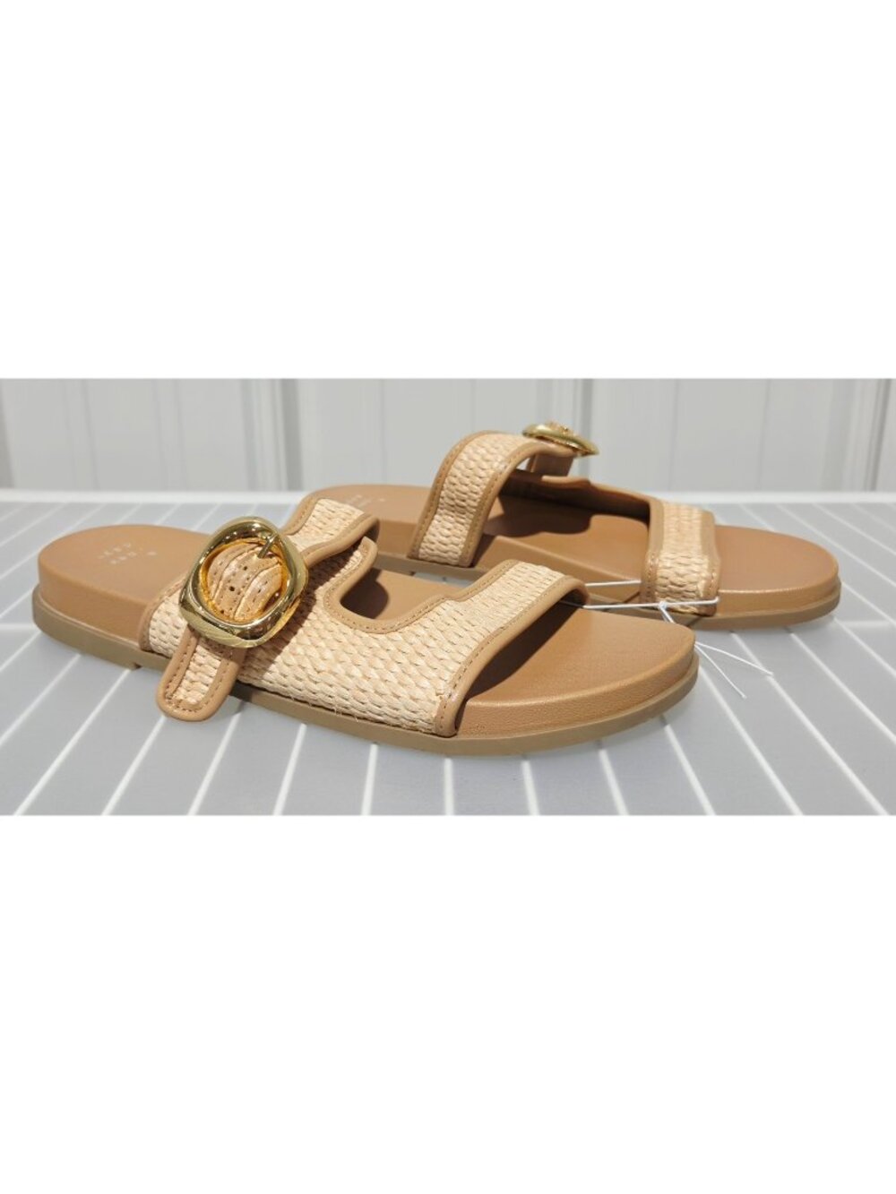 A New Day Meg Natural & Gold Buckle Slip On Open Toe Sandals -- Women's Size 10